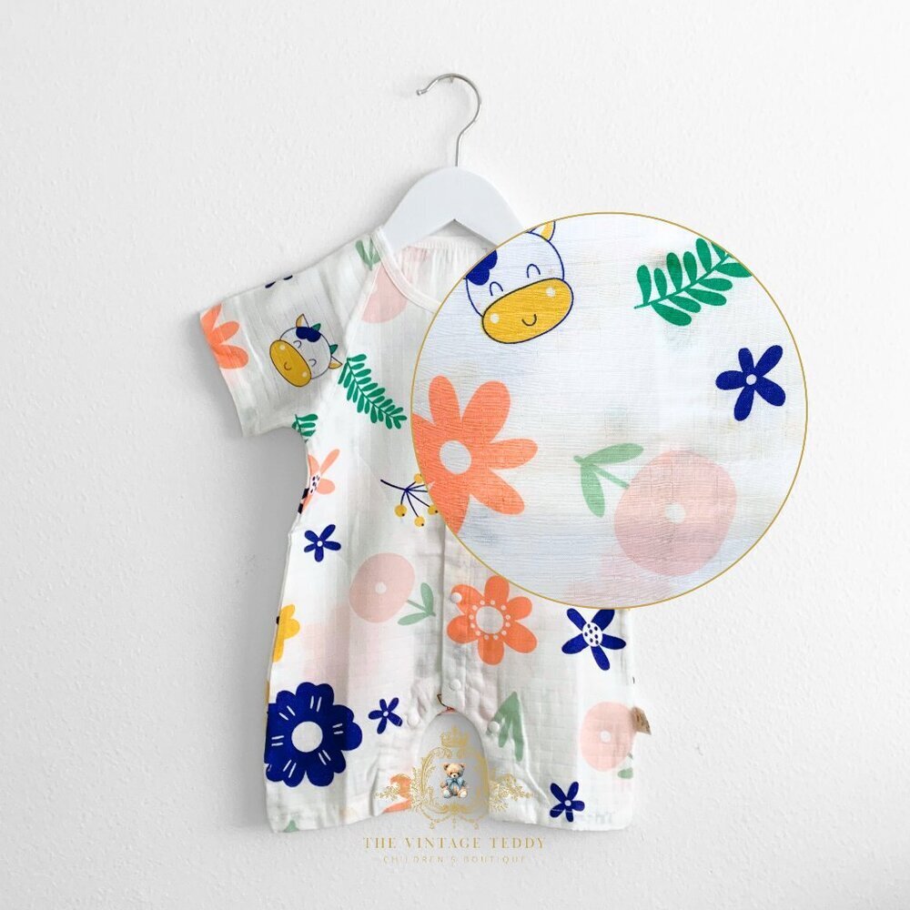 NWT Cute Baby Girls One-Piece Sleep N' Play Romper Shorts Flowers & Cows 3-6M